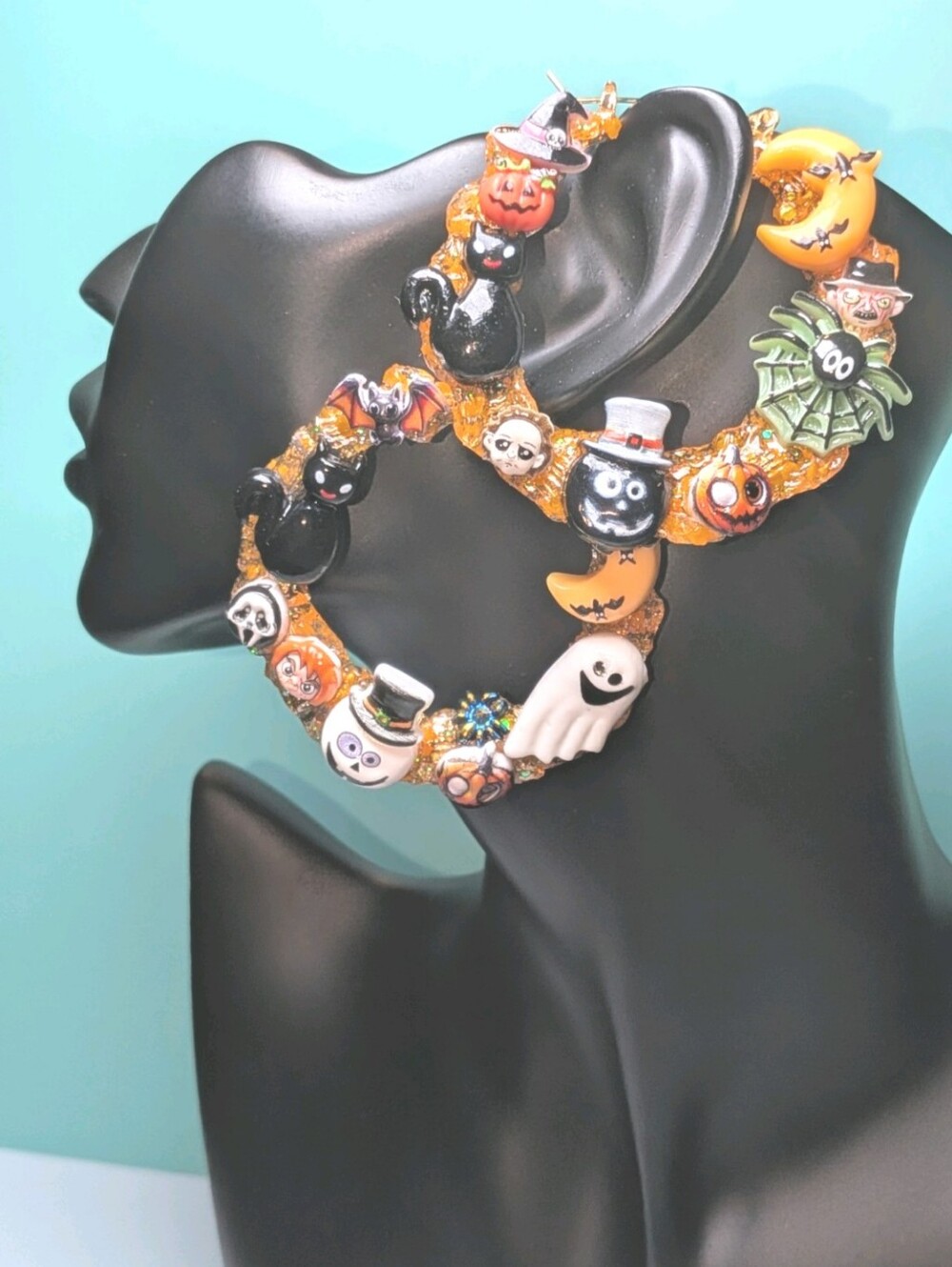 Hand Crafted Halloween Charm Hoop Earrings - Orange, Black, White, Green